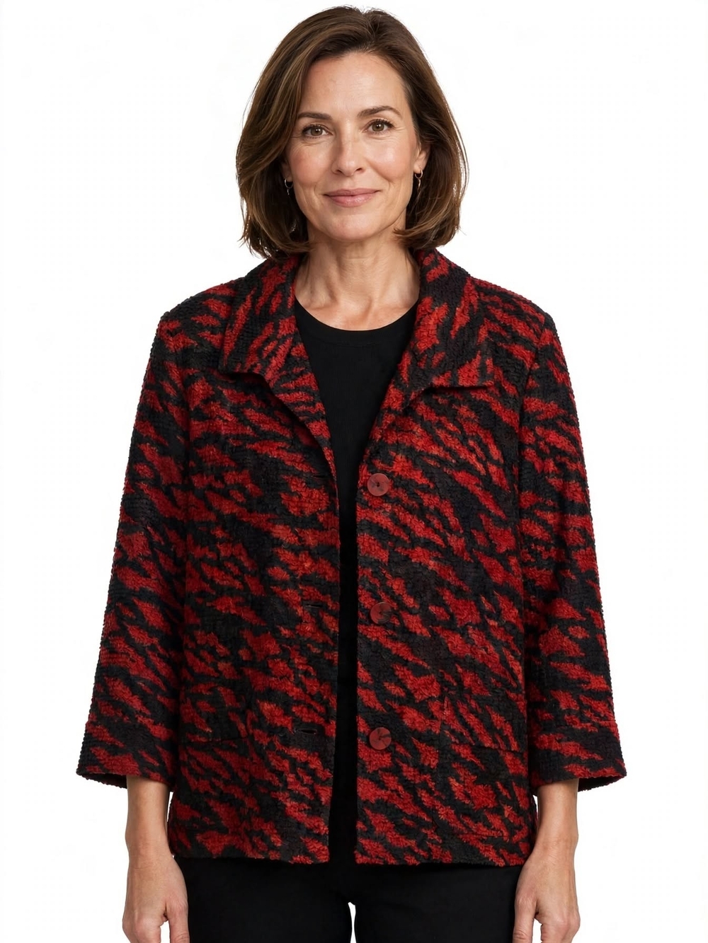 Chico's Travelers Collection 2 US L Red Black Tiger Stripe Boucle Blazer Jacket